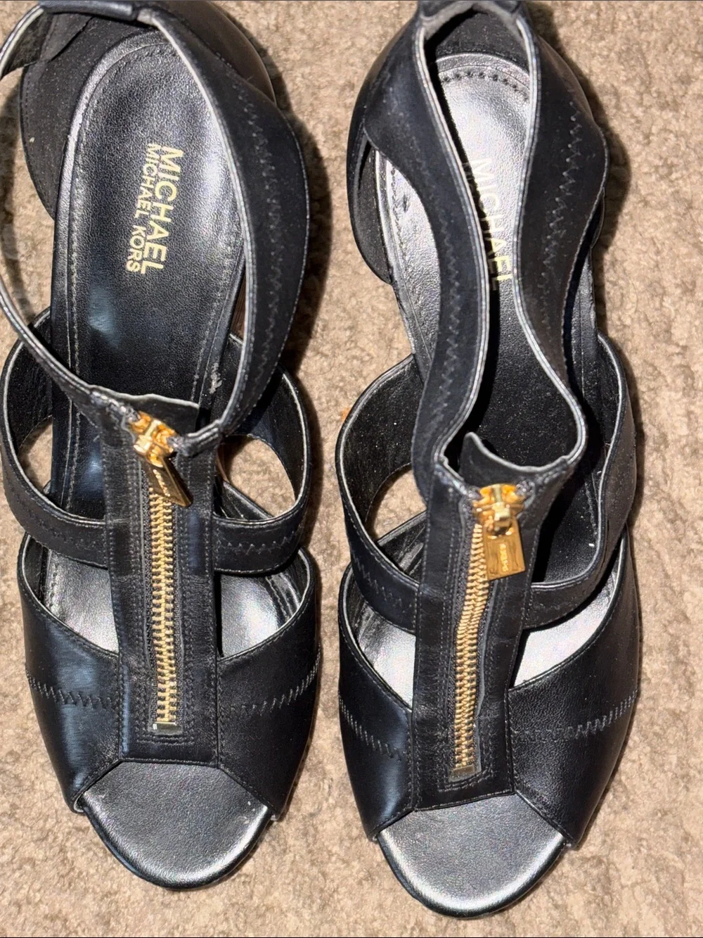 Michael Kors Black Leather Peep-Toe Wedge Sandals with Gold Zip Accent